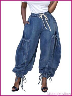 Baggy Barrel Jeans Drawstring Wide Leg Denim Cargo Joggers